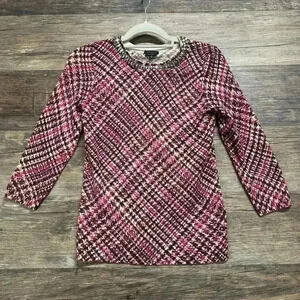 Talbots Women's Plaid Crew Neck Cashmere Embellished Sweater